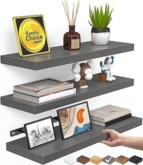 Grey Floating Shelves for Wall, Wall Mounted Rustic Wood Shelves for Bathroom, Bedroom, Living Room, Kitchen,Small Hanging Shelf for Books/Storage/Room Decor (Set of 3, 15.7in)