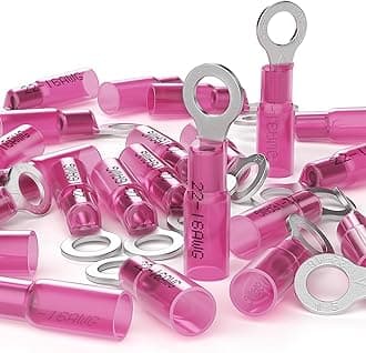 22-16 AWG - #10 Heat Shrink Ring Terminals, Copper Terminal Connector Ends, Battery Cable End Lugs, Red Insulated Electrical Crimp Wiring Connectors, Wire Lug for 22 20 18 16 Gauge Wires 100 PCS