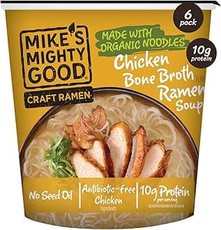 Mike’s Mighty Good Bone Broth Chicken Ramen Cup (Pack of 6) – 10g Protein Instant Ramen Noodles – Steamed Organic Noodles, Non-GMO, Seed & Palm Oil-Free – Antibiotic-Free Chicken, Rich Broth