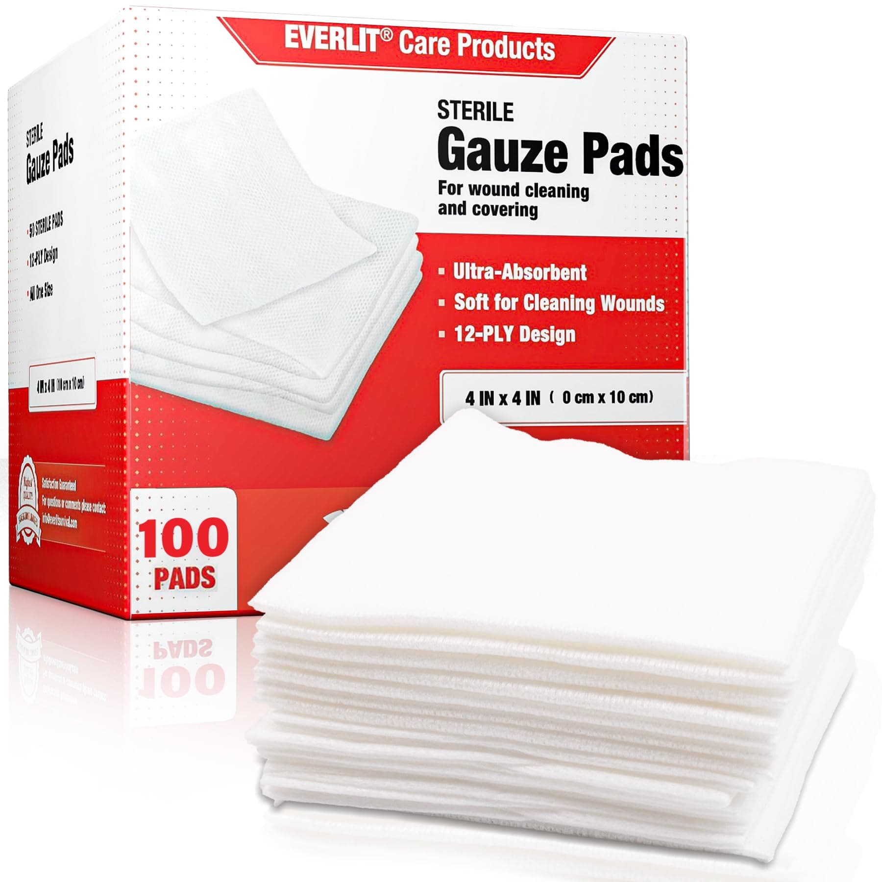 [Extra-Thick] 4''x4'' Sterile Gauze Pad 12-Ply, 100 Pack, Individual Wrapped, Ultra Absorbent Large Non-Woven Medical Gauze Sponges for Wound Care Home First Aid Kit