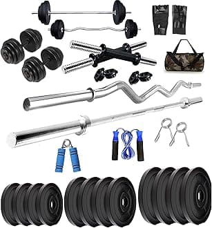 Home Gym Set, Home Gym Combo, Home Gym Equipments for Men, Home Gym Kit with 40Kg Weight Plates, 5ft Straight Rod and 3ft curl Rod, 1 Pair Dumbbell rods & Accessories