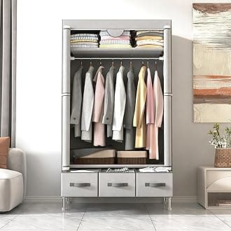 Portable Canvas Wardrobe with 3 Drawers and Shelves, 90 x 45 x 170 cm, Ash White