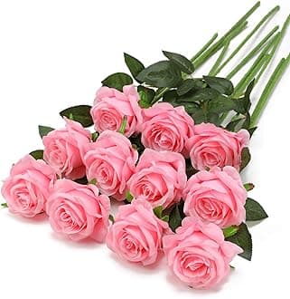 Pink Fake Roses Artificial Flowers - 10 Pcs Fake Artificial Roses Silk Flowers with Stems for Home Wedding Hotel Office Centerpiece Decor