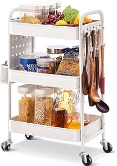 TOOLF 3-Tier Rolling cart, Utility Storage Cart with DIY Dual Pegboards, Art Craft Trolley with Removable Baskets Hooks, Organizer Serving Cart Easy Assemble for Office, Home, Kitchen, Classroom,WHITE