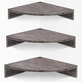 Homode Corner Floating Shelves, Set of 3 Corner Wall Shelves for Storage and Display, 3 Tier Wood Hanging Shelf Organizer for Cable Box, for Bedroom, Bathroom, Kitchen, Rustic Grey