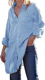 Runcati Womens Button Down Shirts Linen Cotton Long Sleeve Blouse Tunic Tops Cover Up Shirt Loose Beach Bikini Dress