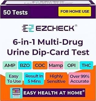 [50 Pack] EZCHECK® 6-Panel Drug Test - at-Home Rapid Urine Screening Kit for 6 Most Used Drugs: (THC-Marijuana, BZO-Benzos, MET-Meth, OPI/MOP-Opiates, AMP-Amphetamine, COC) - FSA/HSA Eligible