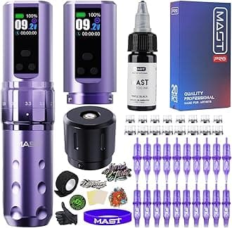 Mast Fold2 Pro Tattoo Kit, Cordless Complete Tattoo Gun Machine Kit, 2 Batteries 2000mAh Power Supply for Long Time, Needles Cartridges Black Tattoo Ink Kit (Purple)