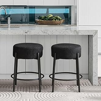 Modern Bar Stools Set of 2, 24" Counter Height Stools with Round Soft Padded Boucle Backless Seat and Black Metal Base, Upholstered Barstools for Kitchen Island, Black