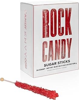 Red Rock Candy Sugar Sticks - Strawberry Flavored - 24 Individually Wrapped Red Candy Party Favors