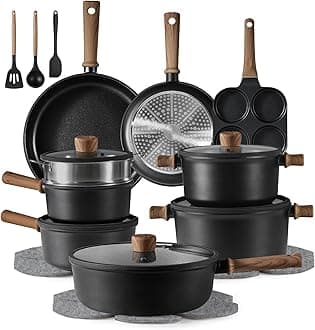 CAROTE Nonstick Kitchen Cookware Sets, Non stick Pots and Pans set, Induction Cookware Set 17pcs Black