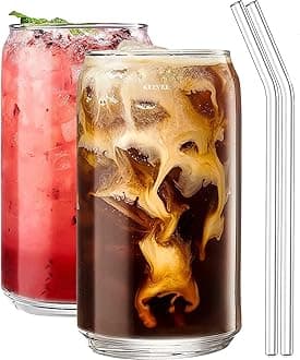 KELVEE Drinking Glasses with Glass Straw Set of 2, 500ml Beer Glasses Can Shaped Glass Cups, Tumbler for Cold Coffee, Smoothies, Juice, Soda, Any Drink and Any Occasion (CAN)