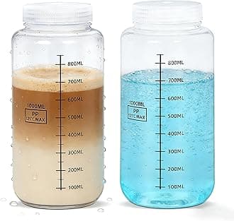 34oz/1000ml Wide Mouth Plastic Bottles with Airtight Lids, Graduated Food Grade Leak Proof PP Containers Jars for Water Sample Lab Reagent Liquid Medicine Storage (Transparent, 2 Pcs)