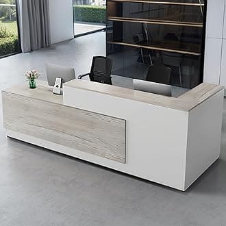 Modern L-Shaped Reception Desk with Hutch, Reception Counter Table, Lockable Drawer Door Cabinet, Office Wooden Computer Front Desk (Oak+Warm White-Right Cabinet, 70.87" L*23.62" W*41.34" H)