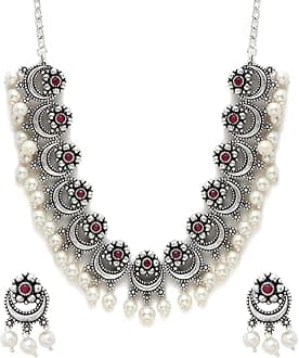 YouBella Jewellery for Women Oxidised Silver Necklace Jewellery Set with Earrings for Girls and Women