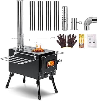 Wood Stove,YRenZ Hot Tent Stove with 7-Section Stainless Steel Chimney, HeatControl Stovepipe and Elbow Pipe, Wood Burning for Outdoor Camping and Ice Fishing