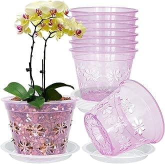 Orchid Pot, 8 Pack Orchid Pots with Holes & Saucers, Clear Plastic Pot for Repotting, Breathable Ventilation Planters for Phalaenopsis, Dendrobium & Oncidium Orchids(6 inch, red)