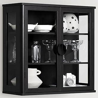 NEWOWNDS Black Tempered Glass Display Wall Storage Cabinet,Bathroom Wall Cabinet,Wall Mounted Cabinet with Curved Edges, Floating Cabinet with Adjustable Shelves for Kitchen,Dining Room,Bathroom