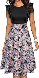 YATHON Women's Vintage Ruffle Floral Flared A Line Swing Casual Cocktail Party Dresses(YT001-Black Multi P1,XL), X-Large