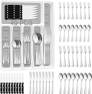 49PCS Silverware Set with Organizer, Stainless Steel Flatware Drawer Cutlery Set for 8, Kitchen Utensils with Steak Knives Mirror Polished Dinner Knife Forks Spoons Tableware Service Tray