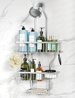 YASONIC Shower Caddy Hanging - Never Rust Shower Organizer - Aluminum Over The Head Caddy with 10 Hooks for Razor/Sponge - Rack with Soap Basket - Silver