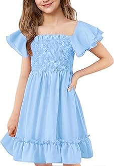 Hvididan Girls Cute Double Layer Ruffle Sleeve Off Shoulder Summer Dresses 5-14 Years