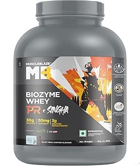 MuscleBlaze Biozyme Whey Protein PR with 30g Protein, 3g Creatine Monohydrate & 50mg AstraGin® (Blue Tokai Coffee, 2kg / 4.4lbs) | Special Singha Edition | Trustified Gold Certified
