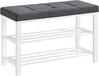 SONGMICS Bench, 3-Tier Shoe Rack for Entryway, Storage Organizer with Foam Padded Seat Linen, Metal Frame, for Living Room, Hallway, 12.2 x 31.9 x 19.3 Inches, Gray and White ULBS057W01