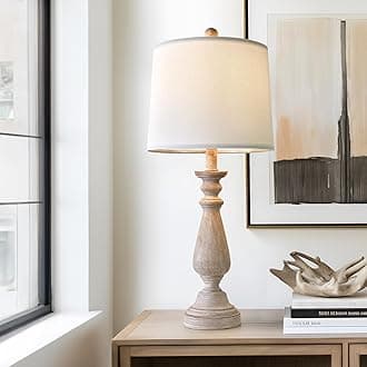 PORTRES 24.5" Mid Century Single Table Lamp for Living Room Farmhouse Linen Bedside Lamps for Bedroom Kids Room Dorm Office Rustic Lamps for End Table Nigntstand Resin