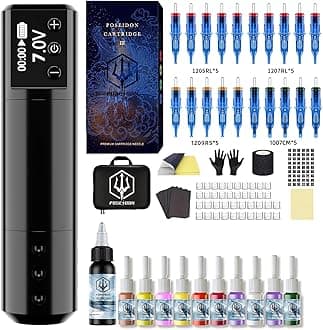 Wireless Rotary Tattoo Machine Kit with 20 Tattoo Cartridge Needles & Ink Set | Professional Portable Tattoo Gun for Beginners | Complete Starter Supplies (HM125）