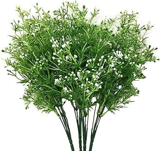 CATTREE Artificial Plants, Faux Plastic Pearl Flowers Shrubs Fake Grass Leaves Simulation Greenery Bushes Indoor Outside Home Garden Office Yard Verandah Wedding Decor - 4 Bundles