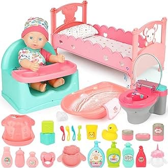 deAO 28 Pcs Baby Doll Set with Doll, Miniature Doll Cot, Toilet, Bathtub & Chair Feeding Accessories, Baby Doll Bath Set with Bathing & Dolls Accessories for 3-6 Year Old Girls Boys