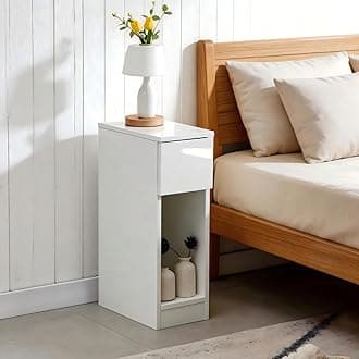 Slim Bedside Table Bedroom Nightstand with Open Shelf & Drawer, Narrow End Table Sofa Side Table for Living Room, Compact Wooden Lamp Table Telephone Table for Home Office, High Gloss White