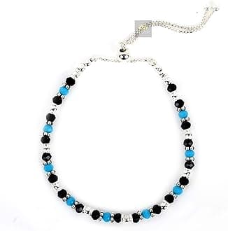 NEMICHAND JEWELS Pure 925 Sterling Silver Nazariya Blue Black Crystal Slider Adjustable Nazariya Bracelet for Women and Girls