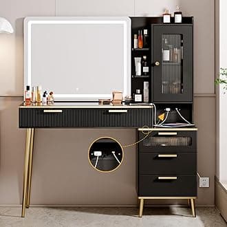 47.24" Big Modern Vanity Desk with Mirror and Lights, Vanity Desk with 29.53" HD Lighted Mirror, Makeup Vanity with 5 Drawers and Storage Shelves and Charging Station Black2