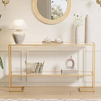 52" Entryway Table, 2-Tier Narrow Console Table, Tempered Glass Sofa Table with Metal Frame, Entry Table with Shelves, Console Tables for Entryway, Hallway, Foyer, Living Room, Gold