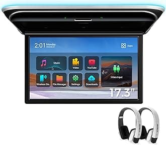 XTRONS Android Car Overhead Player 17.3 Inch Wide IPS Screen 8K Video Car Roof Mount Monitor Built-in Stereo Speakers Flip Down Overhead Car Monitor Support HDMI, USB, 2 White IR Headphones Included