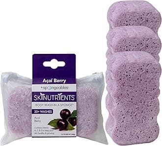 Spongeables Skinutrients Moisturizing Body Wash in a Sponge, AÃƒ§ai Berry, With Bonus Travel Bag, Paraben and Cruelty-Free, Purple, 20+ Washes, Pack of 3