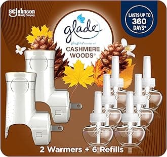 PlugIns Air Freshener Starter Kit, Scented and Essential Oils for Home and Bathroom, Cashmere Woods, 4.02 Fl Oz, 2 Warmers and 6 Refills