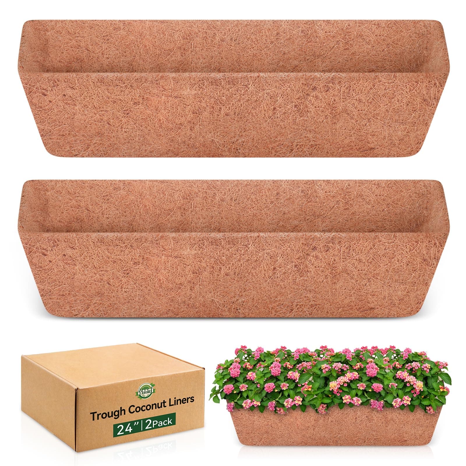 Halatool 2 Pack 24 Inch Window Box Liners, Pre-Formed Coco Fiber Replacement Liner, Natural Coconut Coir Planter Liners for Wall Hanging Basket, Flower Pot, Fence and Railing