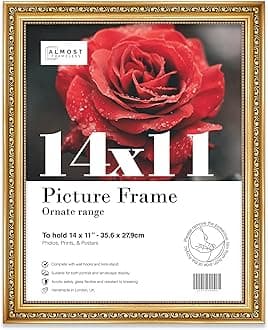 14x11 Gold Ornate Picture Frame 14"x11"(35.6x27.9cm) Poster, Photo, Artwork, or Print. Shabby Chic Style Portrait and Landscape Display with Wall Hooks