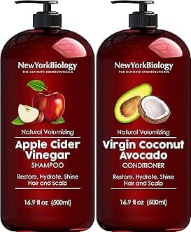 New York Biology Apple Cider Vinegar Shampoo and Coconut Avocado Oil Conditioner Set - Helps Restore Shine, Hair Gloss and Hydration for Dry Hair & Itchy Scalp - Clarifying & Nourishing - 16.9 Fl Oz