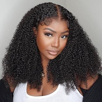 V SHOW Afro Kinky Curly Wear and Go Glueless Wigs Human Hair Pre Plucked Pre Cut 7x5 HD Lace Front Wigs Pre Bleached Bye Bye Knots 180% Density Afro Curly Lace Closure Wig Human Hair for Women 18 Inch