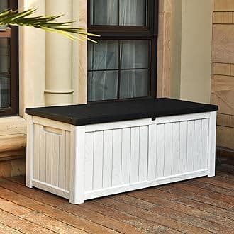 YITAHOME 120 Gallon Large Deck Box, Resin Outdoor Storage Box w/Lockable Black Lid for Outdoor Pillows, Garden Tools and Pool Supplies, Waterproof, Lockable, Grayish-WhiteGlobal Recycled StandardGlobal Recycled StandardGlobal Recycled Standard