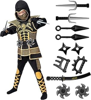 Spooktacular Creations Golden Ninja Costume for Boys, Kids Ninja Outfit Set with Golden Armor for Halloween Dress Up Parties