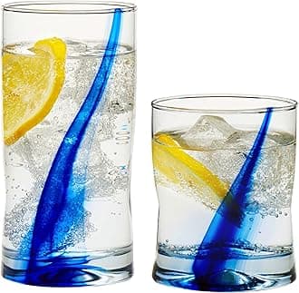 Blue Ribbon 16 Piece Tumbler and Rocks Glass Set, Infused Blue Ribbon Drinkware Glasses Set, Artisan Inspired Four-Dimple Shaped Rock Glasses, Dishwasher Safe Tumbler Glasses Set
