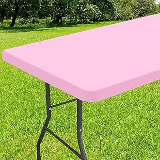 Smiry Rectangle Tablecloth, Elastic Fitted Flannel Backed Vinyl Tablecloths for 4ft Folding Tables, Waterproof Wipeable Table Covers for Valentine's Day, Outdoor, Picnic and Camping (Pink, 24"x48")