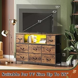 WLIVE Chest of Drawers for Bedroom TV Cabinet with Charging Station and LED Lights, Fabric Chest of Drawers with Open Shelves, 8 Drawer Chest for Living Room, Closed