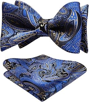 SetSense Men's Paisley Jacquard Wedding Party Self Bow Tie Pocket Square Set Blue / Yellow
