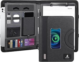 Premium Leather Portfolio with Zipper–Portfolio Binder with 8000mAh Power Bank, Wired Charging,10.1Inch Tablet Sleeve, Writing Pad,Business Portfolio Organizer,Leather Portfolio for Men&Women(Black)